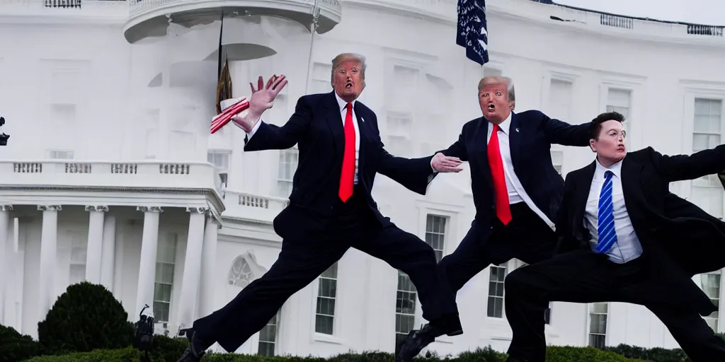 Prompt: a professional cinematic photo of 1 donald trump fighting 1 elon musk on top of white house. extremely high fidelity. key light.