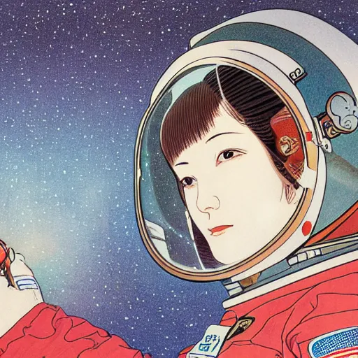 Prompt: portrait of female astronaut painted in miyazaki color style drawn by katsuhiro otomo and takato yamamoto, high detail, intricate linework, sharp, smooth face, china doll face, high detail, manga and anime