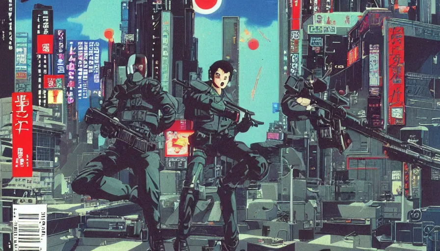 Prompt: 1989 OMNI Magazine Cover Illustration of neo-Tokyo bank robbery movie, Bank Robbery, Anime, Highly Detailed, Special Forces Security, Searchlights, Boat Dock, Special Agent, Water, Akira Color Palette, Inspired by Akira + MGS2 + FLCL, 8k :4 by Vincent Di Fate + Arc System works + Katsuhiro Otomo : 8