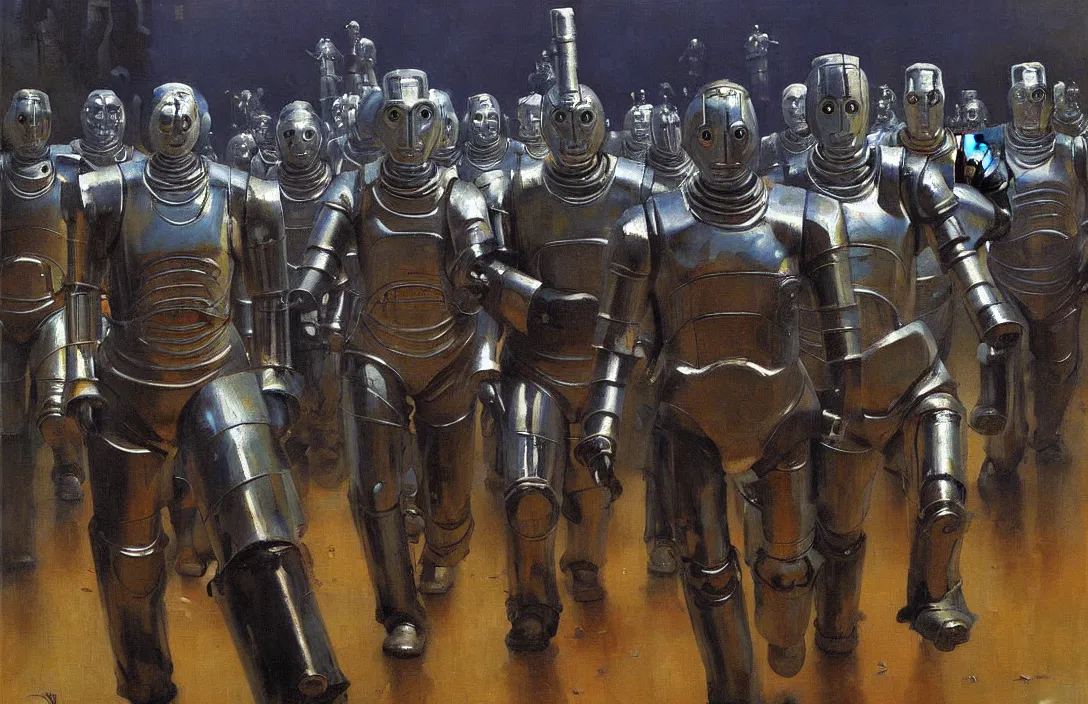 Prompt: march of the cybermen, detailed painting, epic lighting, by ilya repin, phil hale and kent williams