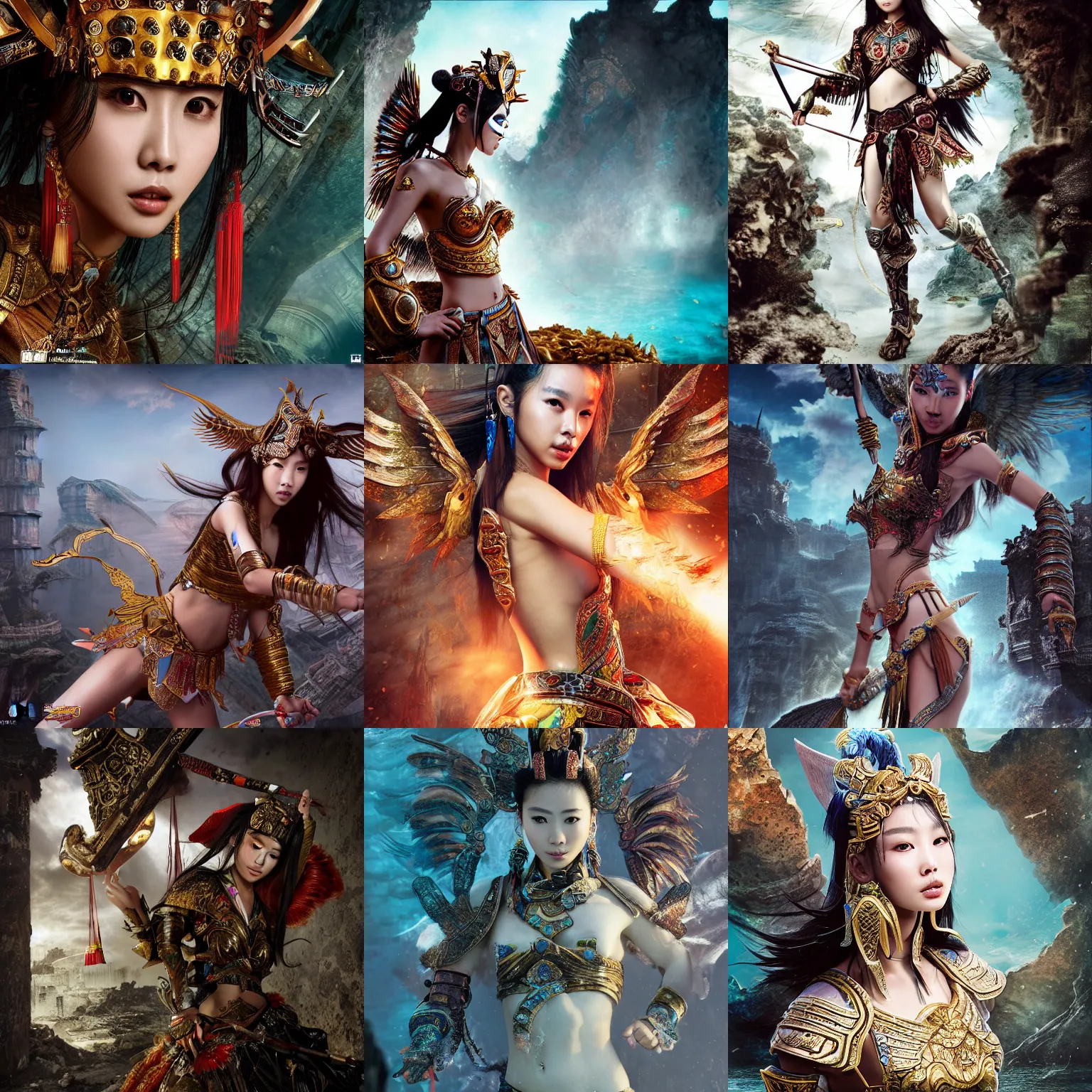 Prompt: angelababy as a chinese warrior princess diving in the ruins of atlantis, styling by Tom Eerebout & Sandra Amador, warrior body, photo by mario testino, cinematic, hyper detailed, micro details, insanely detailed, trending on artstation, concept art