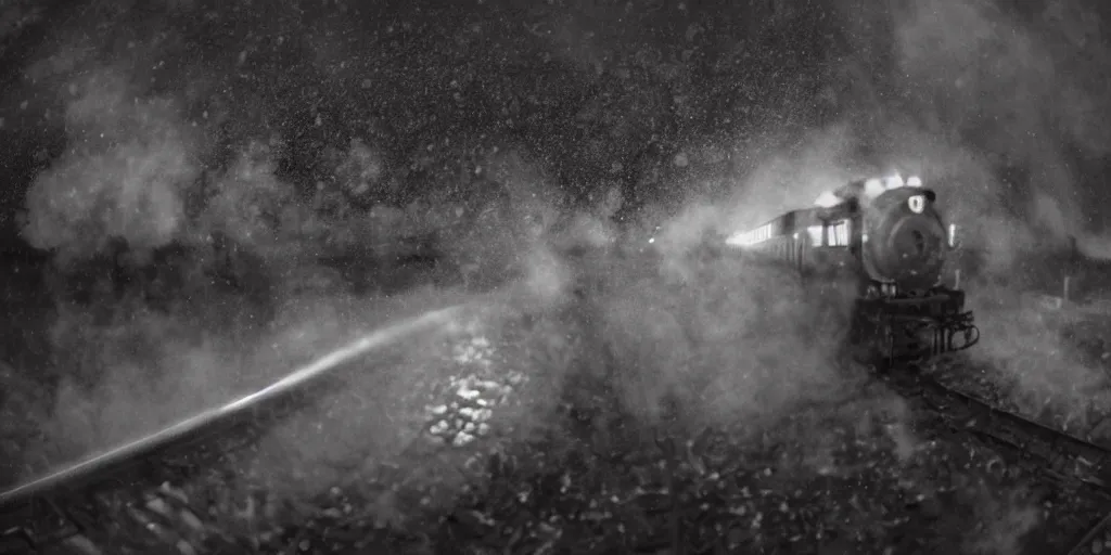 Image similar to fisheye lens slow motion with trail effect of blazing old train with steam locomotive, long exposure shot , at night in the middle of a rainy street, paddle of water, steam, fog, water splashes, rim lights, glossy reflections, water droplets on lens, octane render, dark and dramatic, explosions in the background, detailed and soft, fisheye lens, smooth, sharp focus, illustration, art by artgerm and greg rutkowski and Makoto shinkai