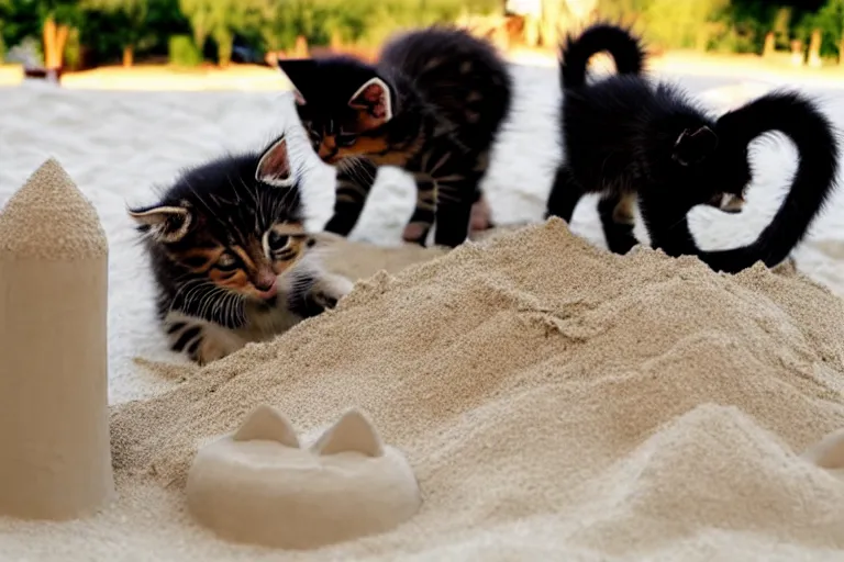 Prompt: kittens touching a completed sand castle