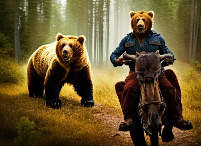 Image similar to portrait photo of chuck norris riding his fluffy grizzly bear, in the forest at dawn. fantasy magic style. highly detailed 8 k. intricate. lifelike. soft light. sony a 7 r iv 5 5 mm. award winning photography.