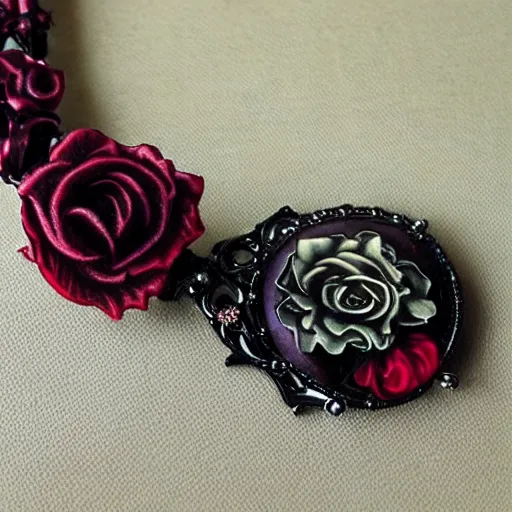 Image similar to gothic style necklace of a vampiress on a rose throne walks in dark beauty with ornamental garments with artnouveau framed bezel highly detailed