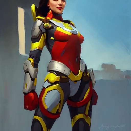 Image similar to greg manchess portrait painting of a female ironman as overwatch character, medium shot, asymmetrical, profile picture, organic painting, sunny day, matte painting, bold shapes, hard edges, street art, trending on artstation, by huang guangjian, gil elvgren, ruan jia, greg rutkowski, gaston bussiere