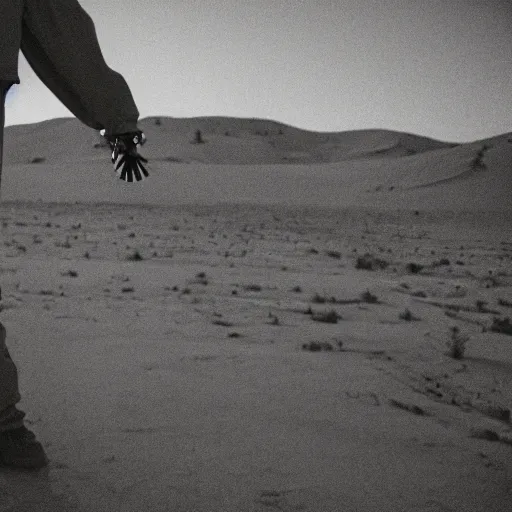 Image similar to a man wearing a gasmask, heavily equipped, in the desert, film still, panasonic 35mm