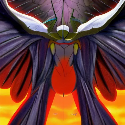 Image similar to 4K photo of mothman with giant wings , flawless anime cel animation by Manabu Oshashi and Satoshi Kon, professionally post-processed , beautiful, scary, symmetry accurate features, epic, octane rendered, anime masterpiece, accurate