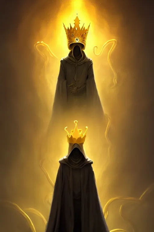 Image similar to A full body portrait of a mysterious character with no face with a very long hooded yellow cloak, a golden crown floating above his head tentacles coming out the ground art by James Paick, and Shaddy Safadi, ominous, cosmic horror, trending on artstation, Ultra detailed, hyper realistic 4k