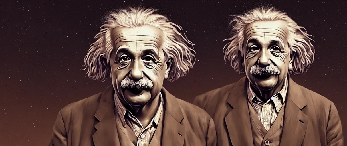 Prompt: portrait of albert einstein with wrinkled space time mesh - cinematic lighting - art, by wlop, james jean, victo ngai! muted sepia colors, very detailed, art concept by craig mullins, thomas kinkade cfg _ scale 8