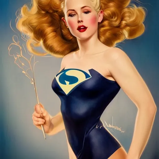 Image similar to a beautiful pin - up portrait of a beautiful cute superhero woman, blonde hair, matte navy - blue bodysuit, white cape, intricate, elegant, 8 k, highly detailed, digital painting, concept art, smooth, sharp focus, illustration, by norman rockwell and artgerm and loish and wlop and alphonse mucha