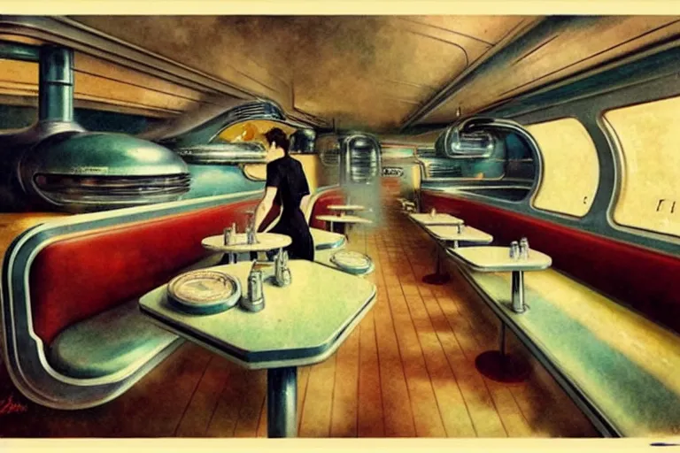 Image similar to ( ( ( ( ( 1 9 5 0 s retro science fiction diner interior. muted colors. ) ) ) ) ) by jean - baptiste monge!!!!!!!!!!!!!!!!!!!!!!!!!!!!!!