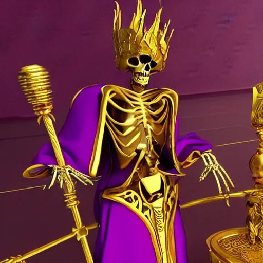 Image similar to a skeleton in a large wide purple robe, golden magical shoulder pads, in a hood, a red magic sphere in his chest, he holds a golden magic staff in his hands, stands next to a golden throne, realism, game quality, 3d render, proportions