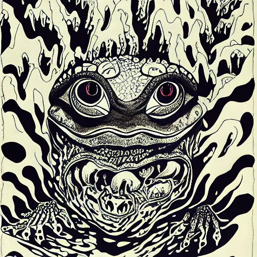 Image similar to deep camouflage angry toad evil eyes poking out eyes from under the water ultra sharp blur background simple background psychedelic contour ink drawing gustave dore katshushika Hokusai big eyes