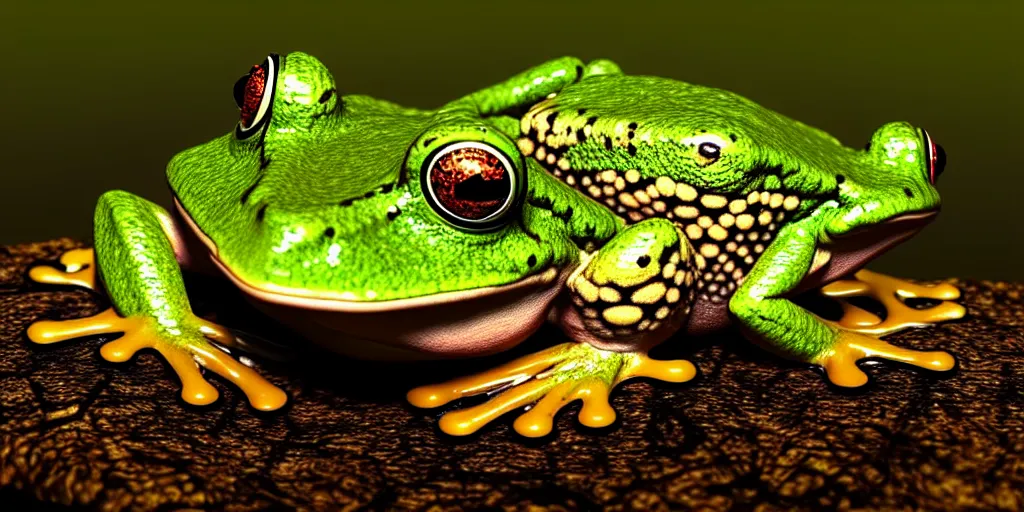 Prompt: A frog infected with fungus, foggy woodland swamp, golden hour, photorealistic 3D artwork