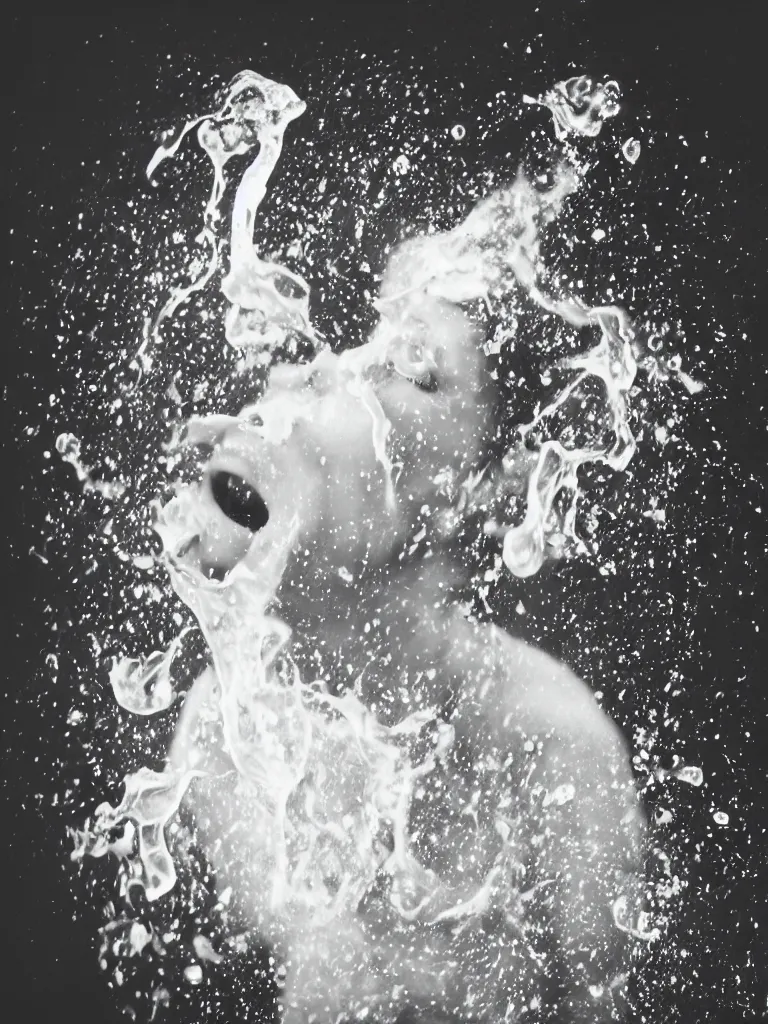 Prompt: Analog photographic portrait with 50 mm lens and f/12.0 of a 90 years old woman with her eyes closed and spurting from her mouth a white viscous fluid floating in the air. With a slight variation in the liquid.