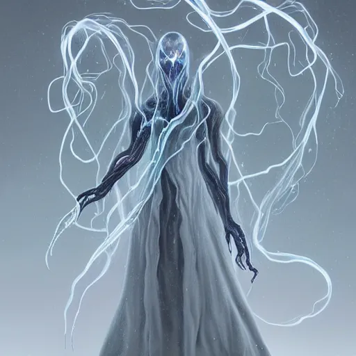 Image similar to concept designs for an ethereal ghostly wraith like figure made from electrical currents resembling a plasma lamp with a squid like parasite latched onto its head and long tentacle arms that flow lazily but gracefully at its sides like a cloak while it floats around a frozen rocky tundra in the snow searching for lost souls and that hides amongst the shadows in the trees, this character has hydrokinesis and electrokinesis for the resident evil village video game franchise with inspiration from the franchise Bloodborne and the mind flayer from stranger things on netflix in the style of a marvel comic