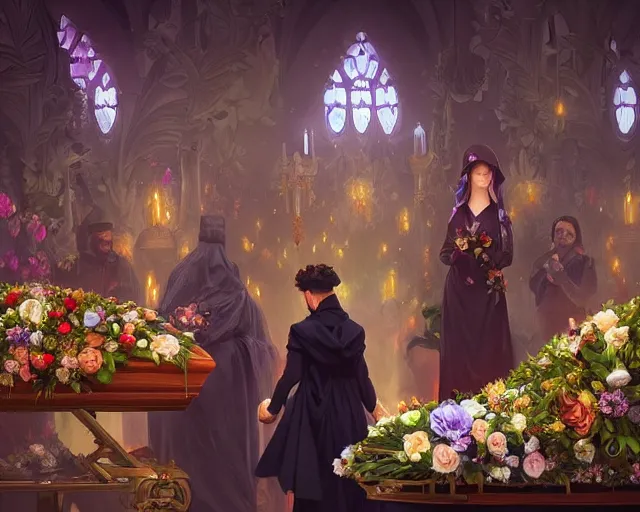 Prompt: a funeral with coffin, flowers and mourners inside a supermarket, photography of kurzgesagt, deep focus, d & d, fantasy, intricate, elegant, highly detailed, digital painting, artstation, concept art, matte, sharp focus, illustration, hearthstone, art by artgerm and greg rutkowski and alphonse mucha