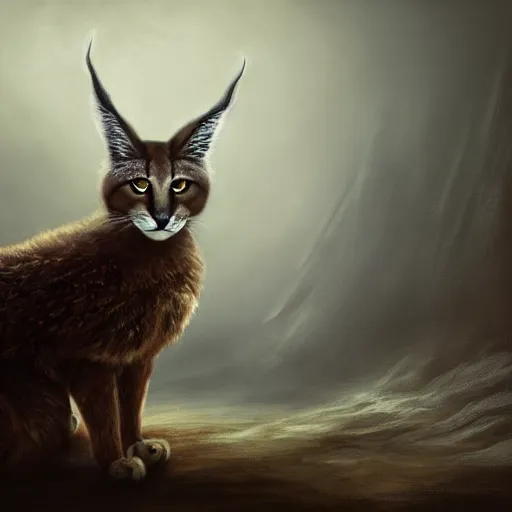 Image similar to a portrait of a cute fluffy caracal wearing leather armor from skyrim, fantasy setting, dark environment, serene colors, soft lighting, atmospheric, cinematic, moody, in the style of diego koi, gina heyer, luiz escanuela, art by alyssa monk, hyperrealism, rule of thirds, golden ratio, oil on canvas, 8 k