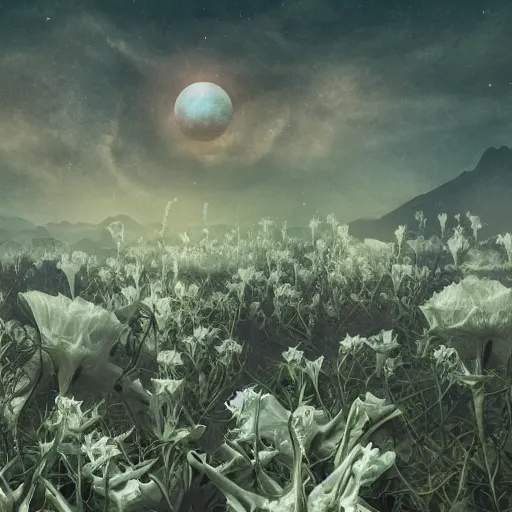 Prompt: datura stramonium planet eerie but beautiful landscape with lifeforms created from nightmares, hyper detailed, ultra realistic, cinematic lighting, cinematic photography, photography in style of mucha, 8 k, high quality image,