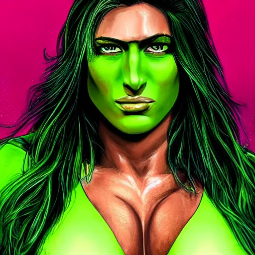 Prompt: Rhea Ripley as She Hulk, cinematic, realistic, detailed, portrait, green skin