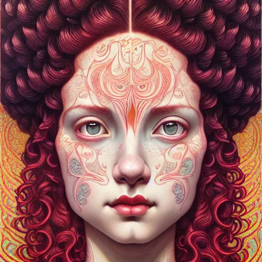 Image similar to beautiful ornate face of a woman with red curly hair poking out of water by Casey Weldon and Chie Yoshii, rich colors, intricate, elegant, highly detailed, centered, digital painting, artstation, concept art, smooth, sharp focus, illustration, octane render