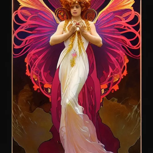 Prompt: a beautiful orchid phoenix angel woman, in an ornamented dress with large wings, volumetric light, god rays, 8 k high resolution, rubies, by alphonse mucha, artgerm, greg rutkowski