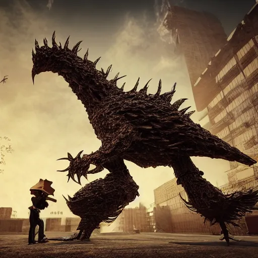 Image similar to evil steel chicken kaiju fights wooden angel kaiju, epic scale, hyper detailed, photorealistic, octane render, rule of thirds, 8 k.