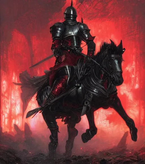 Prompt: a knight wearing black and red armor on horseback, glowing red eyes, intricate, highly detailed, artstation, concept art, perfect composition, dynamic lighting, illustration, volumetric lighting, illustration, sharp focus, art by ralph horsley, greg rutkowski, alphonse mucha