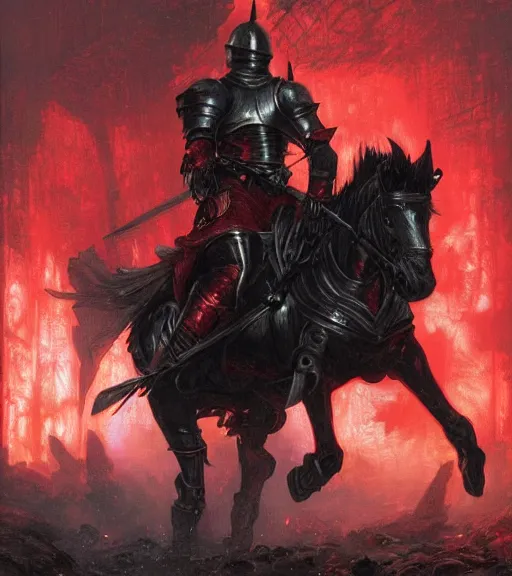 Image similar to a knight wearing black and red armor on horseback, glowing red eyes, intricate, highly detailed, artstation, concept art, perfect composition, dynamic lighting, illustration, volumetric lighting, illustration, sharp focus, art by ralph horsley, greg rutkowski, alphonse mucha