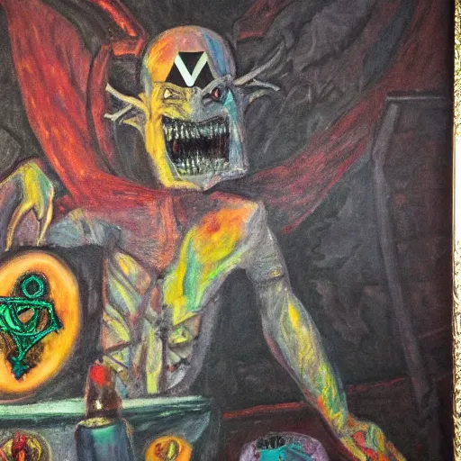 Image similar to portre of an autistic demon on acid, masonic and kabalistic symbols in background, oil painting