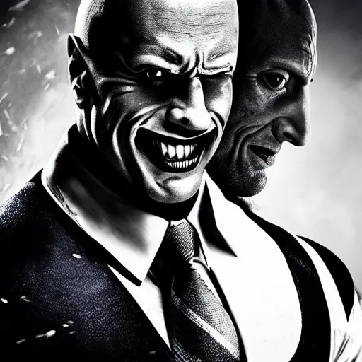 Prompt: Dwayne Johnson as the joker from Batman The dark Knight, cinematic, headshot