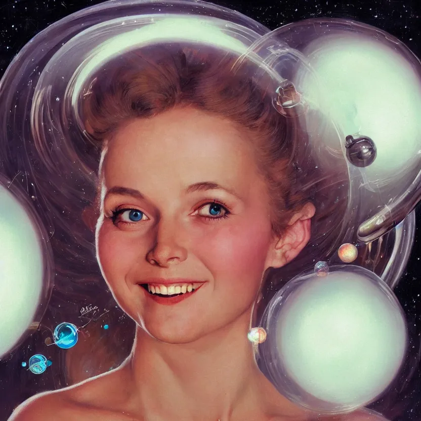 Prompt: close - up portrait painting of a beautiful alien woman smiling with big eyes in space, by norman rockwell. floating hair. glowing bubbles. muted colors, soft gradients. dark background. trending on artstation. retrofuturism.