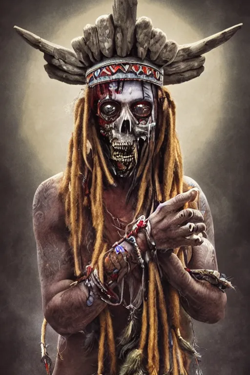 Image similar to a photorealistic of horror shaman with dreadlocks in sacrament of death and destruction