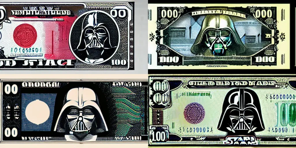 Prompt: 100,000 credit bill with the face of Darth Vader, gothic futurism, vintage engraving, currency issued by the empire in Star Wars
