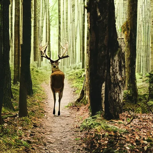 Prompt: photograph of half man half deer walking through the forest