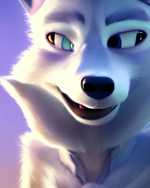 Prompt: portrait of cute male anthropomorphic white wolf in the style of zootopia in cyberpunk city, volumetric light, artstation, concept art, 8 k, high detail, perfect