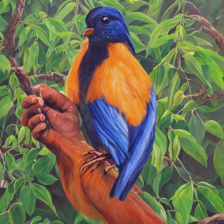 Image similar to a beautiful painting of a bird in hand is worth two in the bush, highly detailed, 8 k resolution