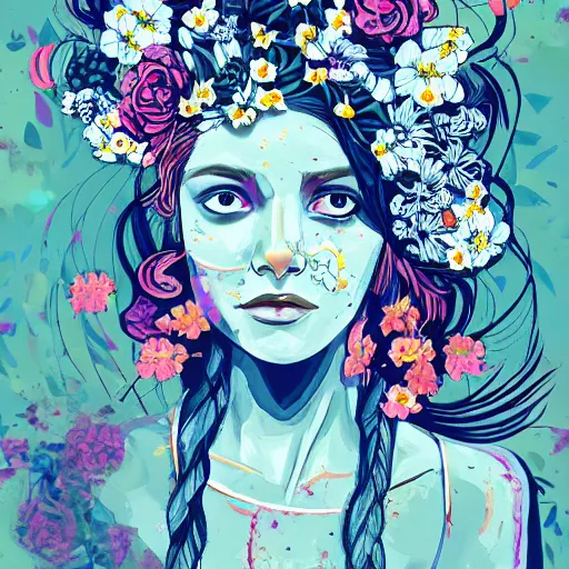 Prompt: a painting of a woman with flowers in her hair, directed gaze, digital art by james jean, featured on behance, photoillustration, behance hd, maximalist