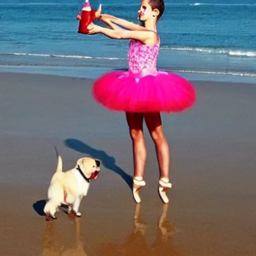 Image similar to a dog ballerina is drinking coca - cola on the beach