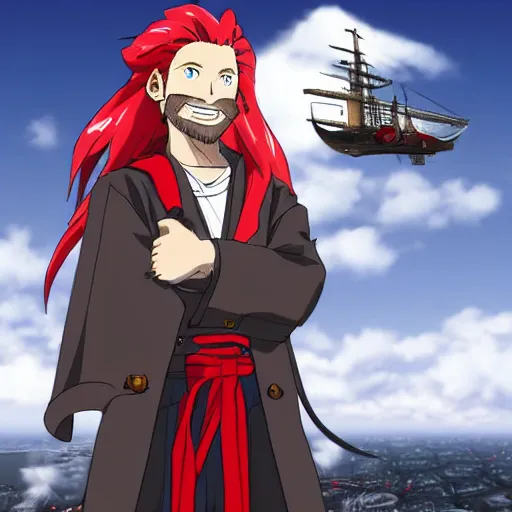 Image similar to male sky-pirate with long red hair and red beard in front of an airship, full metal alchemist, anime style