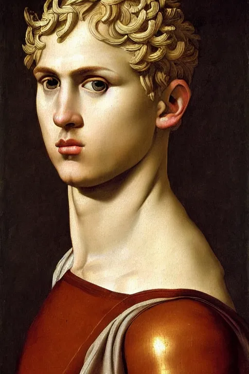 Image similar to renaissance painting of man, short blonde hair, thoughtful face, emotions closeup, dressed in roman armour, the beautiful garden with olive leaves, ultra detailed, art by Guido Reni style, Vincenzo Catena style