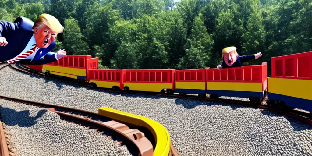 Image similar to Photo of Donald J. Trump tumbling off of a kiddy train into gravel, screaming, taken in Silver Dollar City 2020