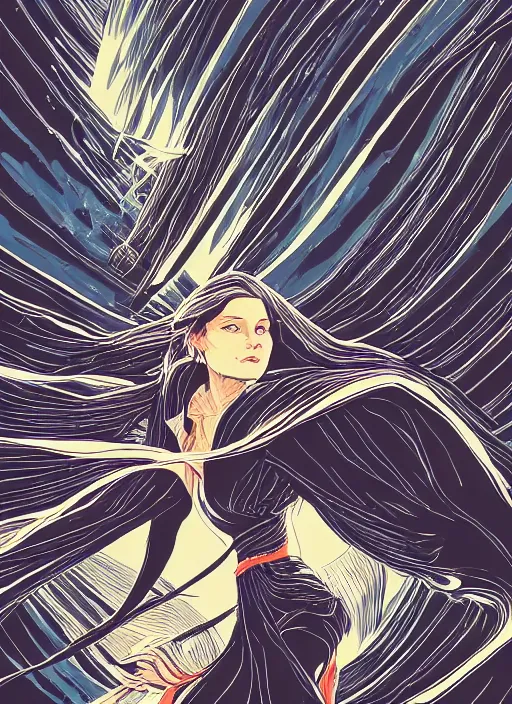 Prompt: illustration of a woman flying through the air, leaving a trail of strips of cloth, black hair wearing black clothes and cape made of long strips of fabric, medieval town landscape, trending on artstation, by dan mumford, yusuke murata, makoto shinkai, ross tran, josan gonzalez, cel shaded, flat colors