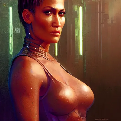 Image similar to highly detailed portrait jennifer lopez wearing shiny plastic crop top bladerunner, glistering skin, oiled, in gta v, stephen bliss, unreal engine, fantasy art by greg rutkowski, loish, rhads, ferdinand knab, makoto shinkai and lois van baarle, ilya kuvshinov, rossdraws, tom bagshaw,