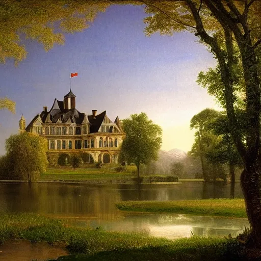 Prompt: beautiful illustration of chateau in a serene landscape, by albert bierstadt, green grass, highly detailed, crystal lighting, mystical, forest, hyperrealistic, 4 k, unreal engine, dramatic lighting, magical, beautiful