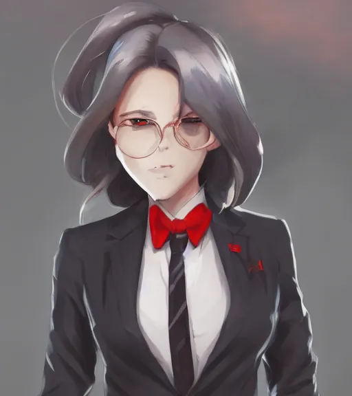 Image similar to a girl in a business suit, close up, sharp focus, red necktie, grey hair, full body shot, pixiv, digital painting, by tran ross and jordan grimmer, anime art, artstation, hd, smooth