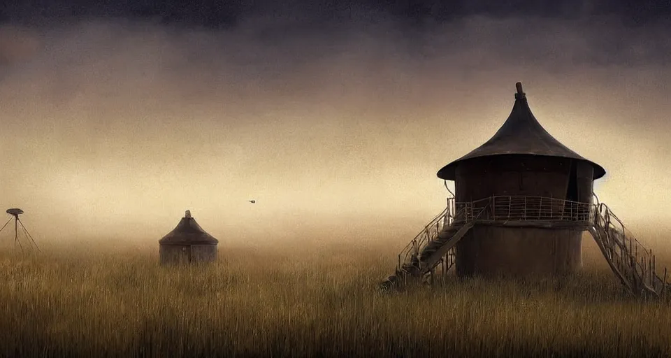 Image similar to night, yurt, in the steppe, summer field, misty background, rusty building constructions of spiral upside - down stairs on background, from the game pathologic 2, highly detailed, sharp focus, matte painting, by isaac levitan and asher brown durand,