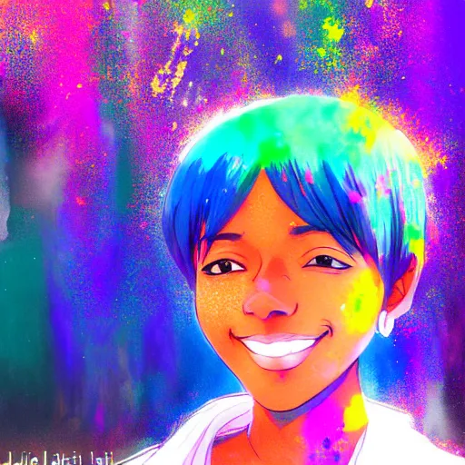 Prompt: portrait of a smiling black girl with short hair at the holi festival, By makoto shinkai, by leiji Matsumoto, by Julie Bell