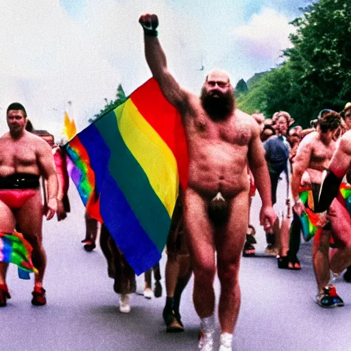 Image similar to putin in a pride parade lifted by large hairy men, film still, photography, high detail, 8 k, 4 k, focused